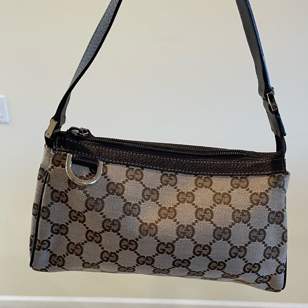 Auth GUCCI Abbey Pouch Beige Brown GG Canvas w/ Leather
